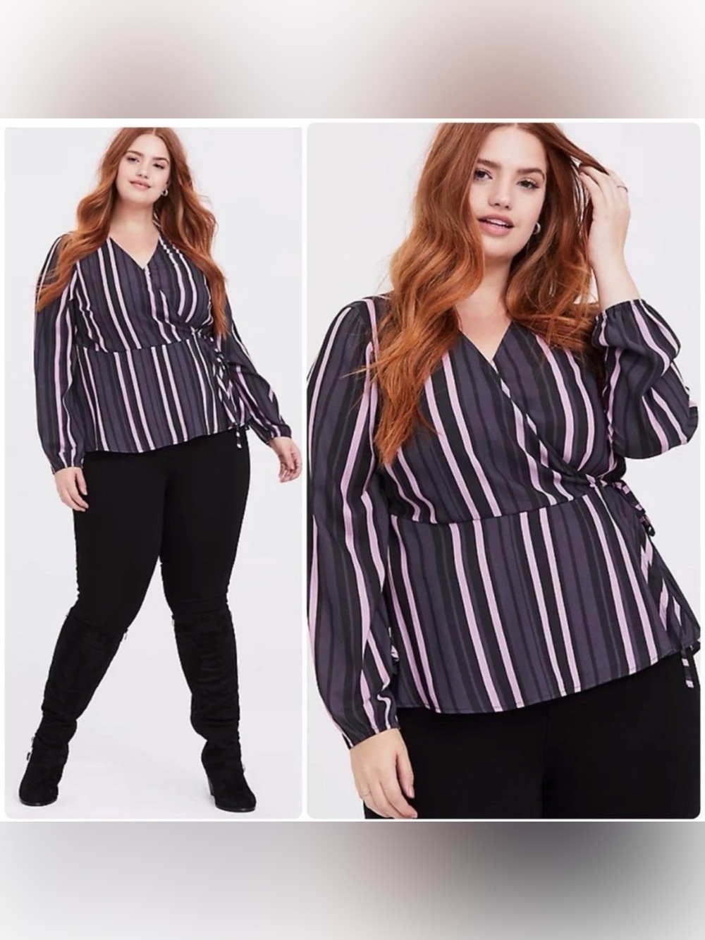 3/$22🩶 Torrid Purple Stripe Crepe Wrap Crop Blouse Top Long Sleeve Plus Sz 2 2X